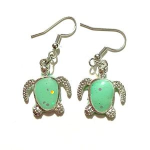 Mint Green Silver Sea Turtle Dangle Earrings